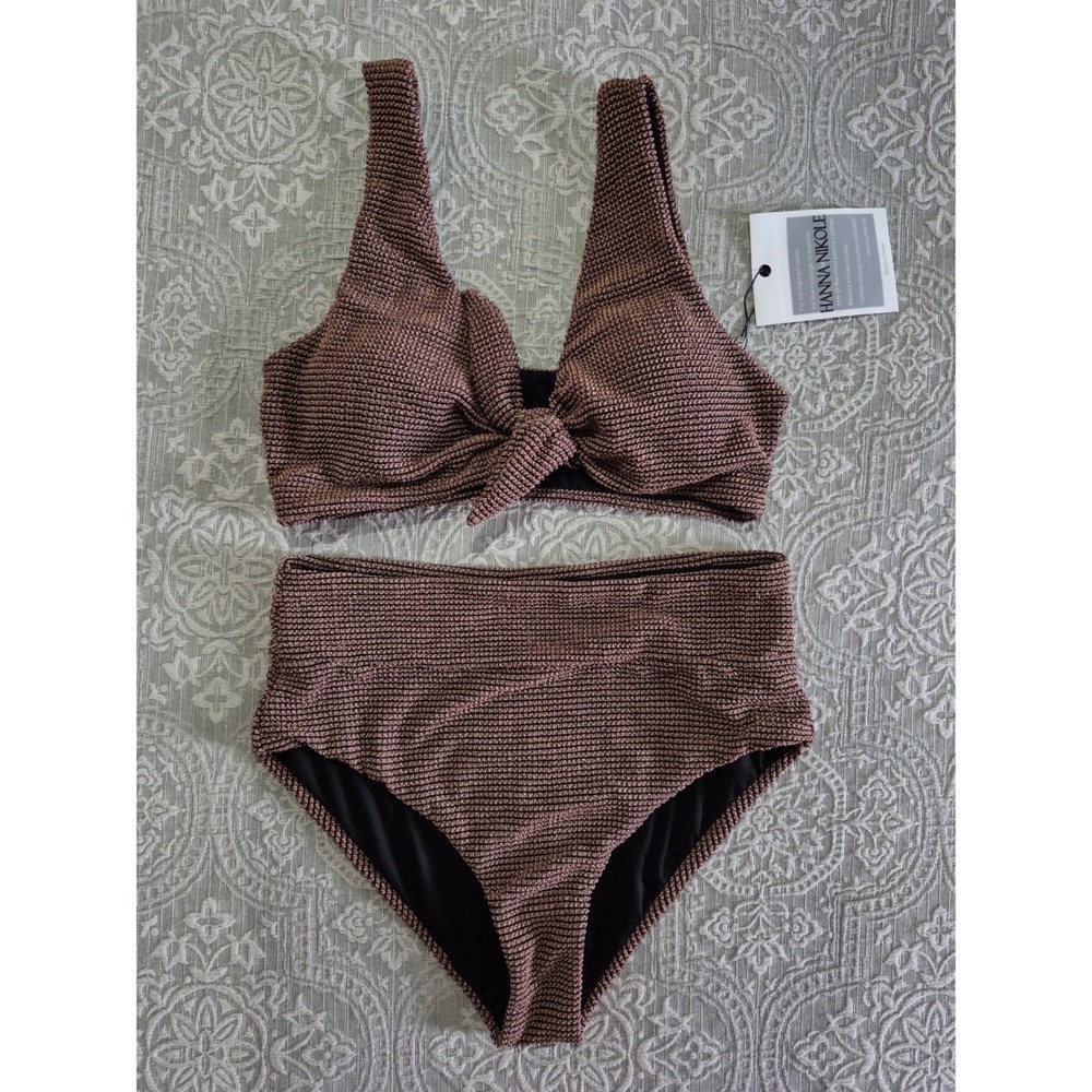 Hanna Nikole Womens Metallic Textured Front Tie High Waisted Bikini Set Mauve M
